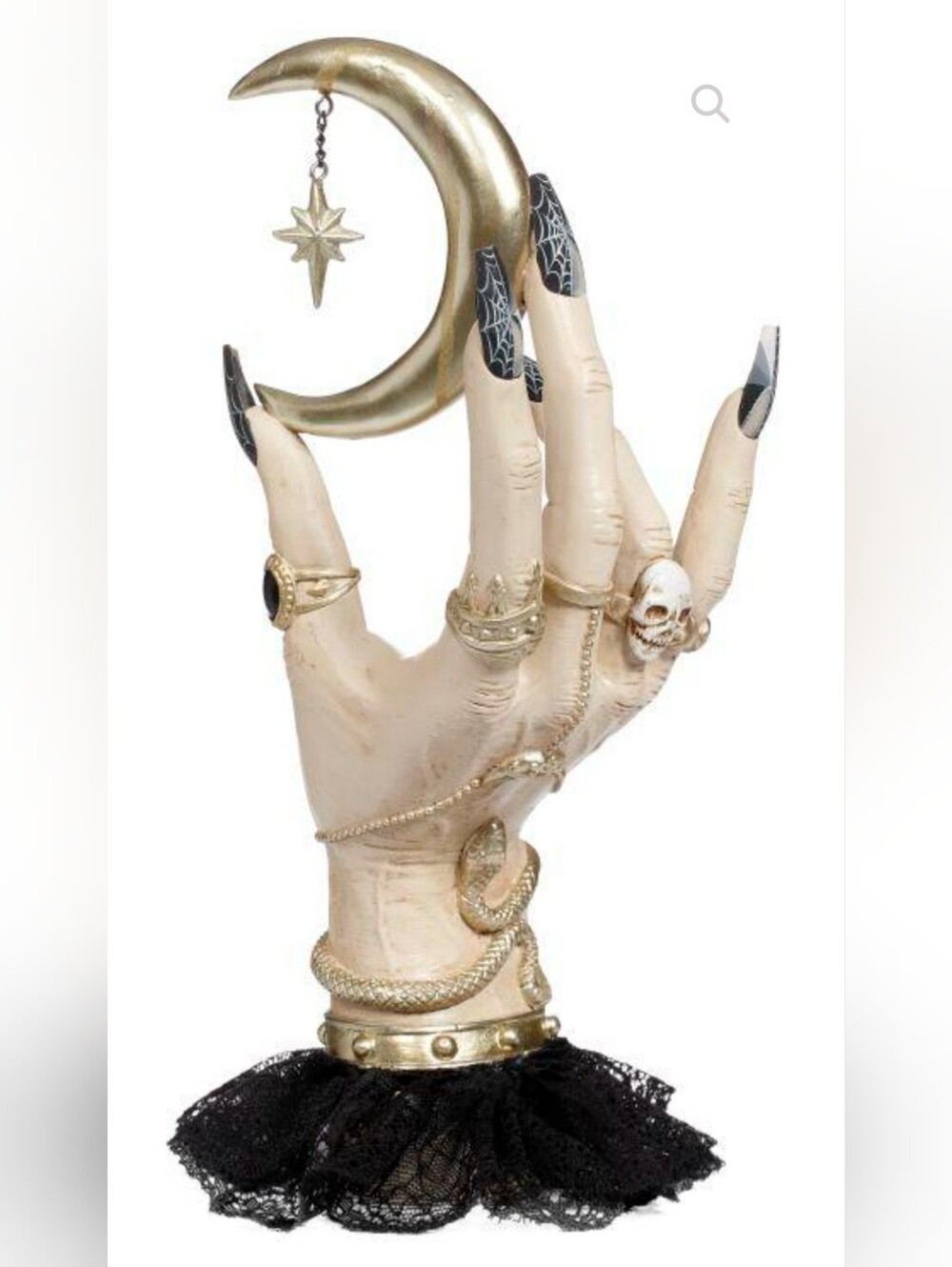 Gothic Hand W/ Rings Long Nails Holding A  Moon W/ Lace Wrist Black & Gold 11in